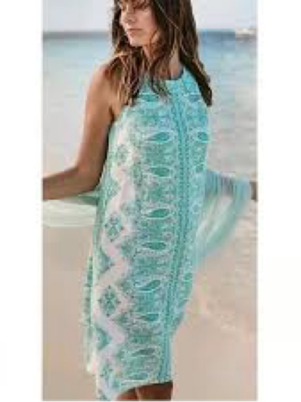 J Jill Love Linen Aqua Paisley Sleeveless Shift Dress 100% Linen Size L Tall